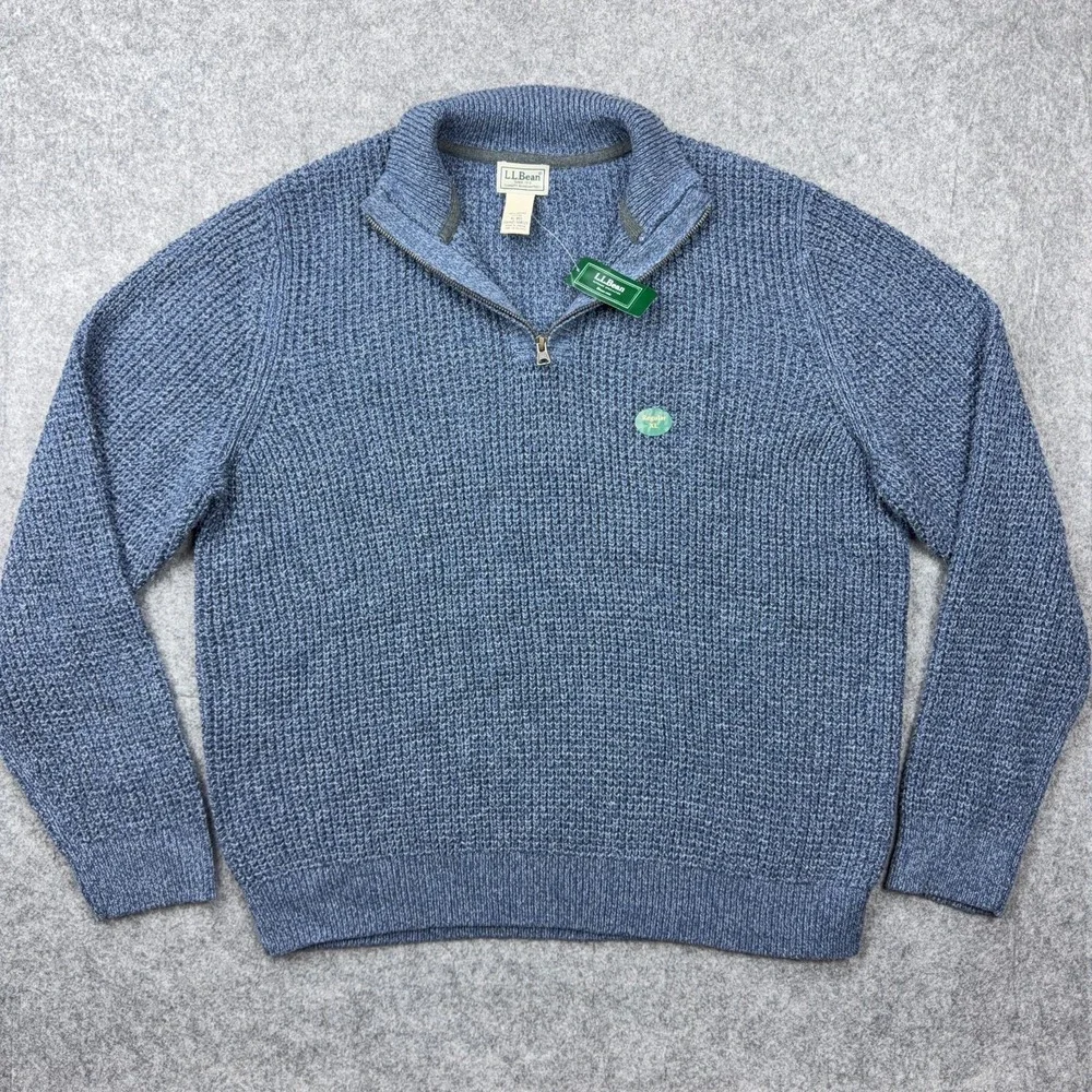 LL Bean Sweater Mens XL Indigo Blue‎ Organic Cotton Waffle Knit 1/4 Zip Mock NEW